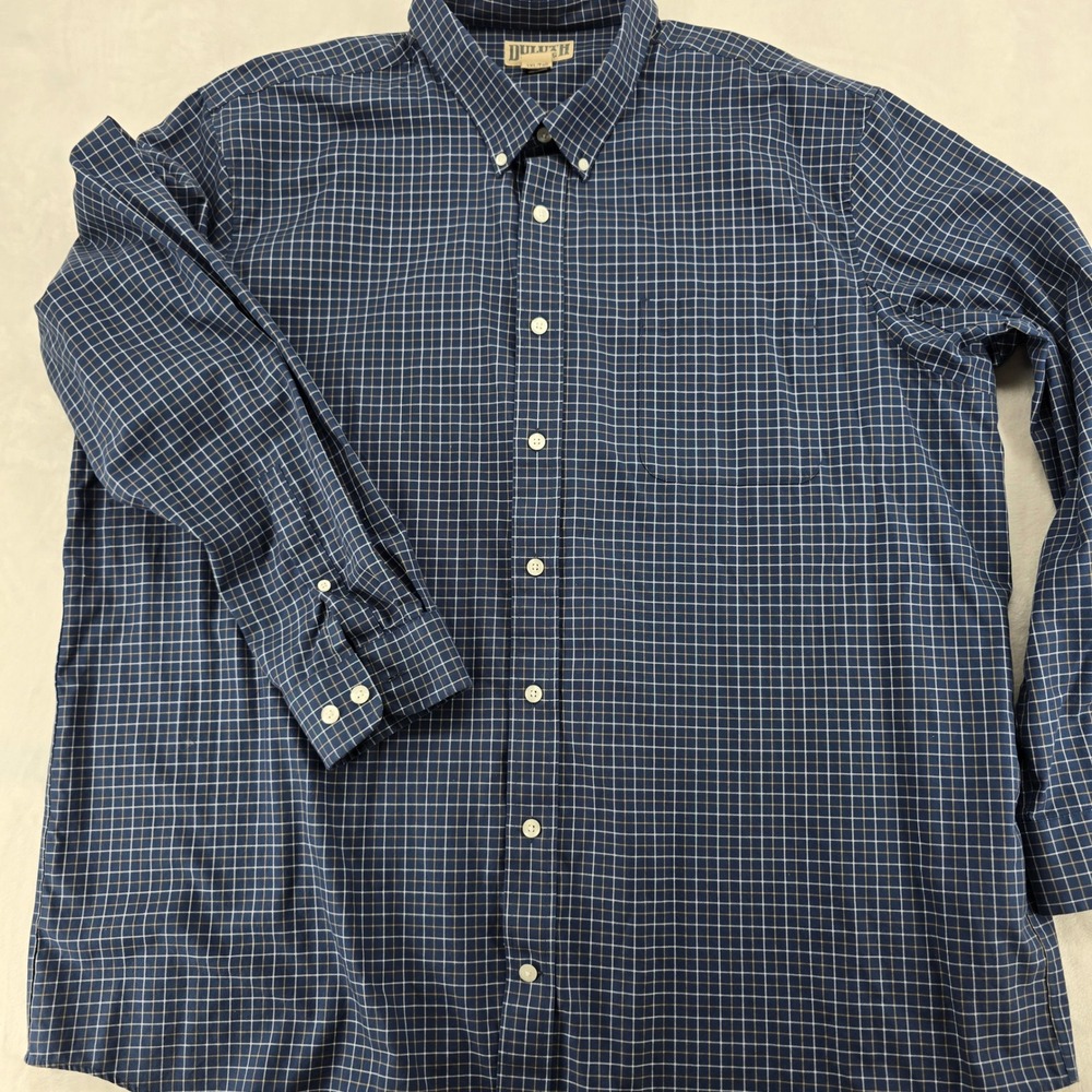 Duluth Trading Co Button Down Mens 3XL Tall Shirt Blue Plaid Cotton Long Sleeve